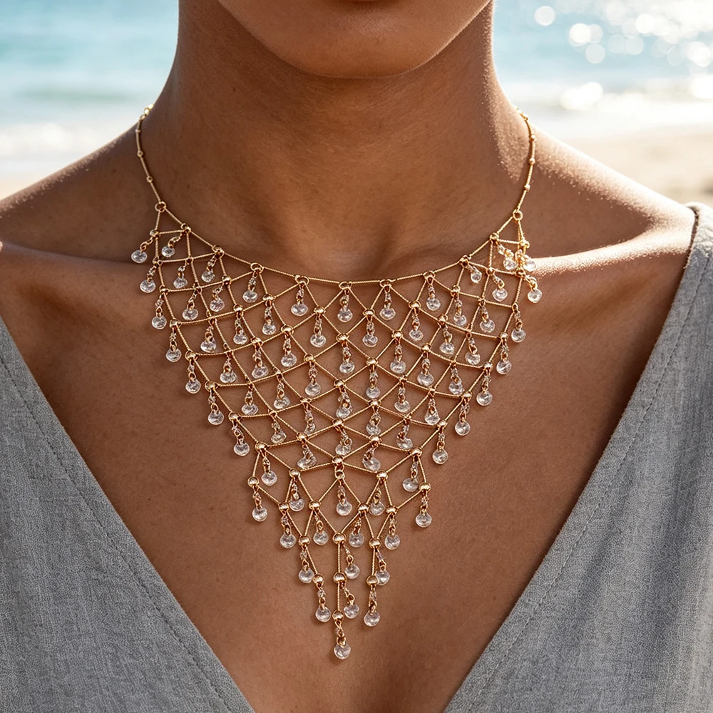Luxury Gold Mesh Clear Crystal Tassel Necklace for Women Statement Neck Jewelry Wedding Evening Party Accessories
