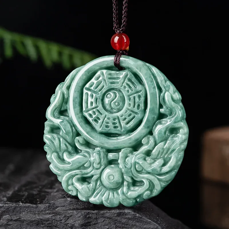 Natural A-grade Jade Bean Seed Hollow Double Dragon Tai Chi Bagua Ancient Brand Jade Pendant for Men and Women