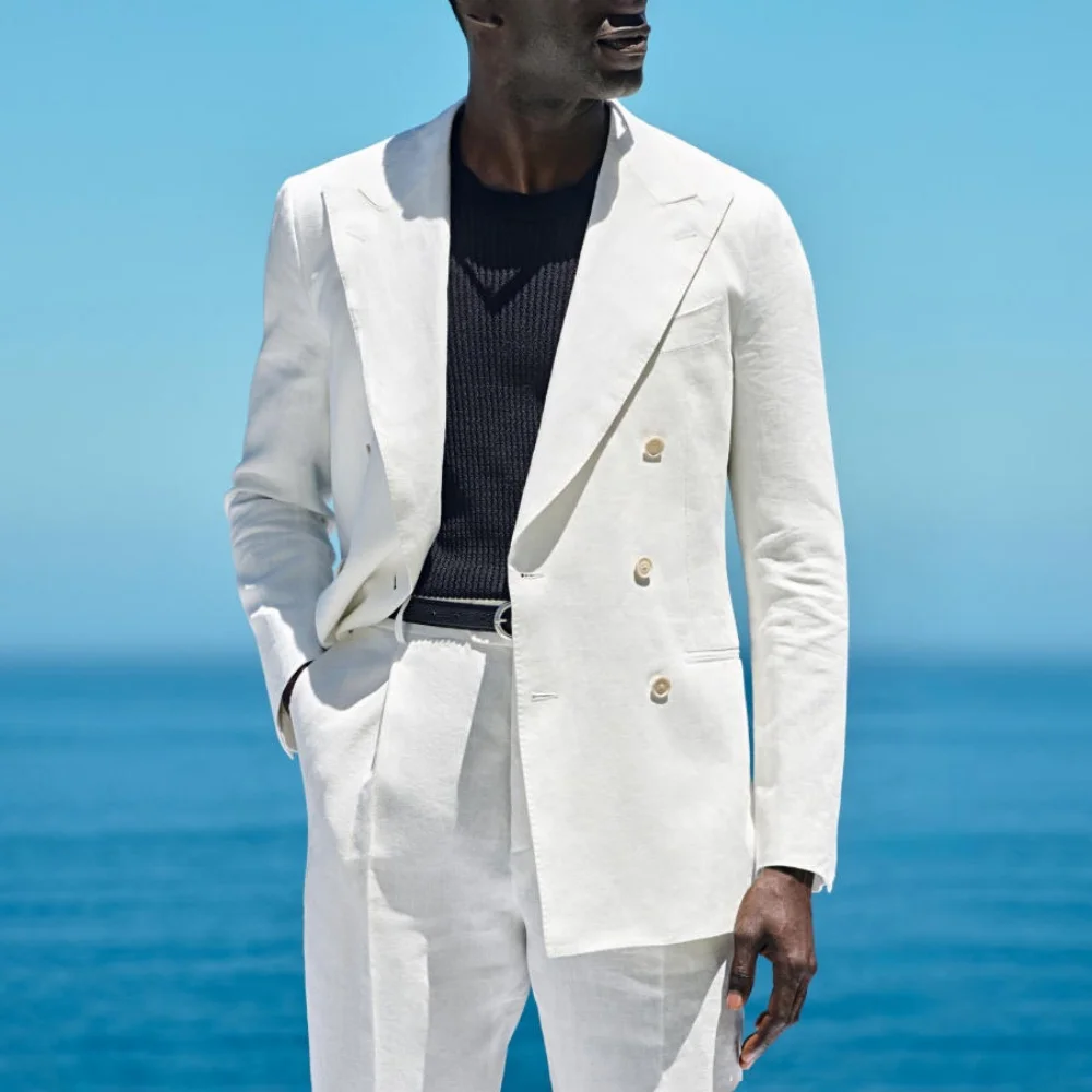 Summer Linen Double Breasted Men Suit Set Separates 2 Pieces Custom Jacket with Pants for Beach Wedding Groom Tuxedo 2026