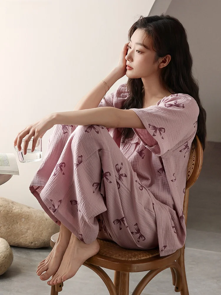 hua-xiaocai-women's-summer-sleepwear-pure-cotton-gauze-thin-short-sleeve-long-pants-sweet-purple-home-clothes-summer-set