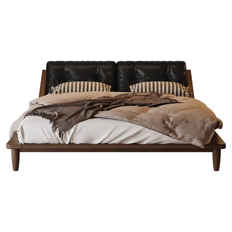 

All solid wood bed leather, small apartment home Nordic retro walnut color, tatami double bed