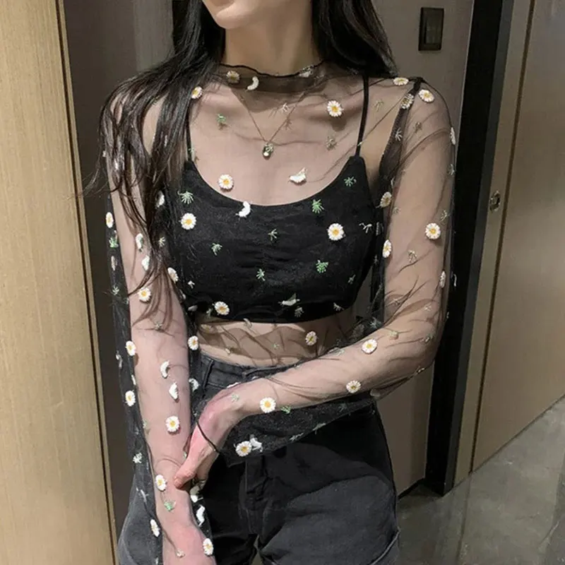 Flower Embroidery See Through Top With Long Sleeves For Girls Loose Fit Sheer Blouse Lace Transparent T-shirt Women's Top