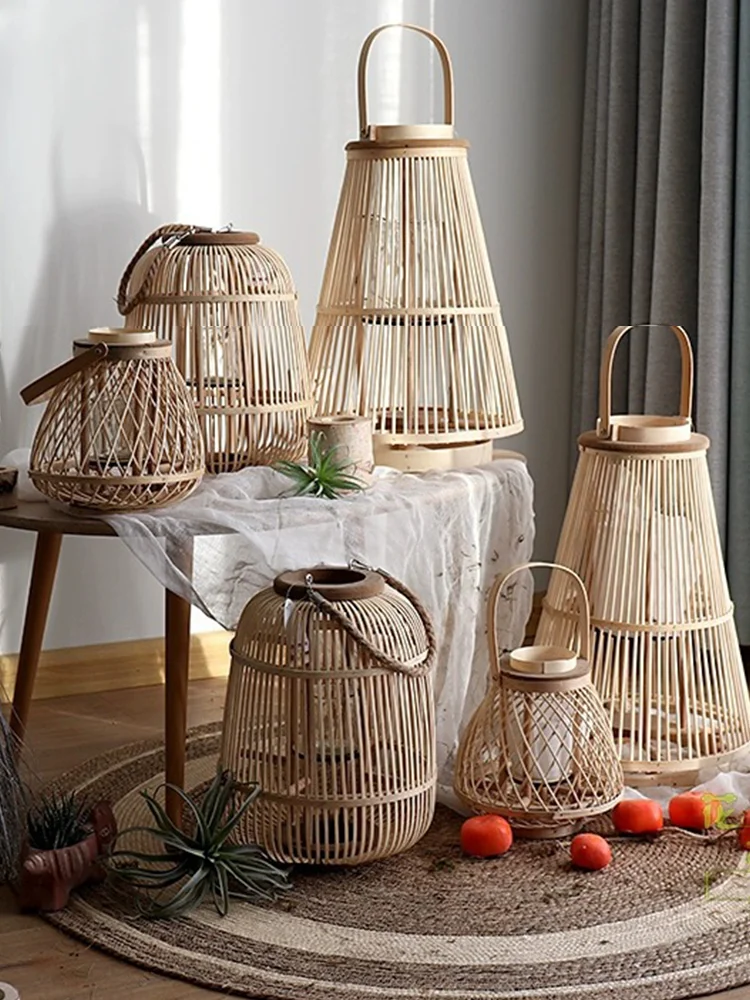 Japanese Style Hotel Decor Sample Room Glass Cup Bamboo Woven Floor Lamp Home Creative Tassel Hanging Design Rural Style Cand...