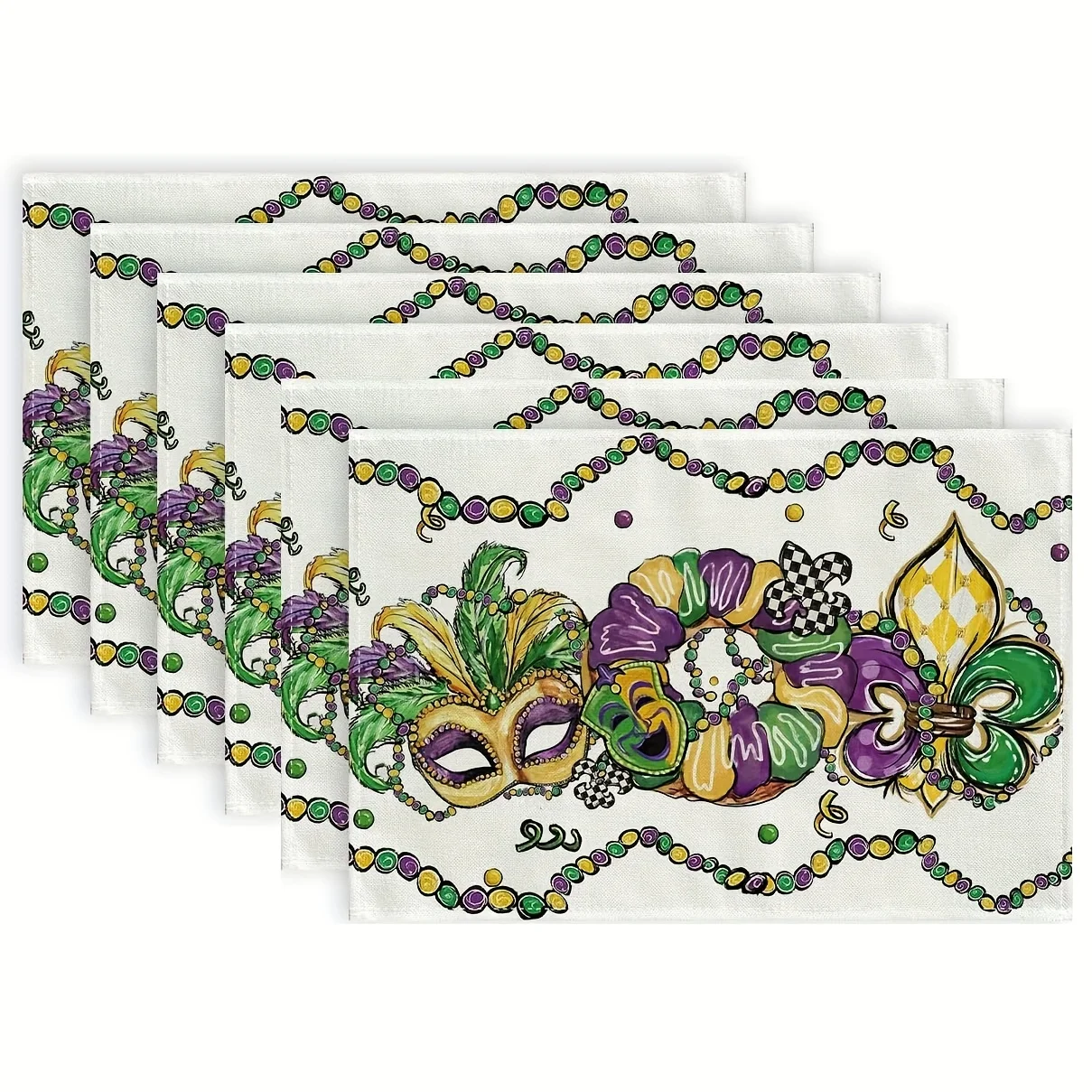 1PC Mardi Gras Iris Mask Table Mats - Vibrant Purple, Green & Golden Design with Beads & Sequins