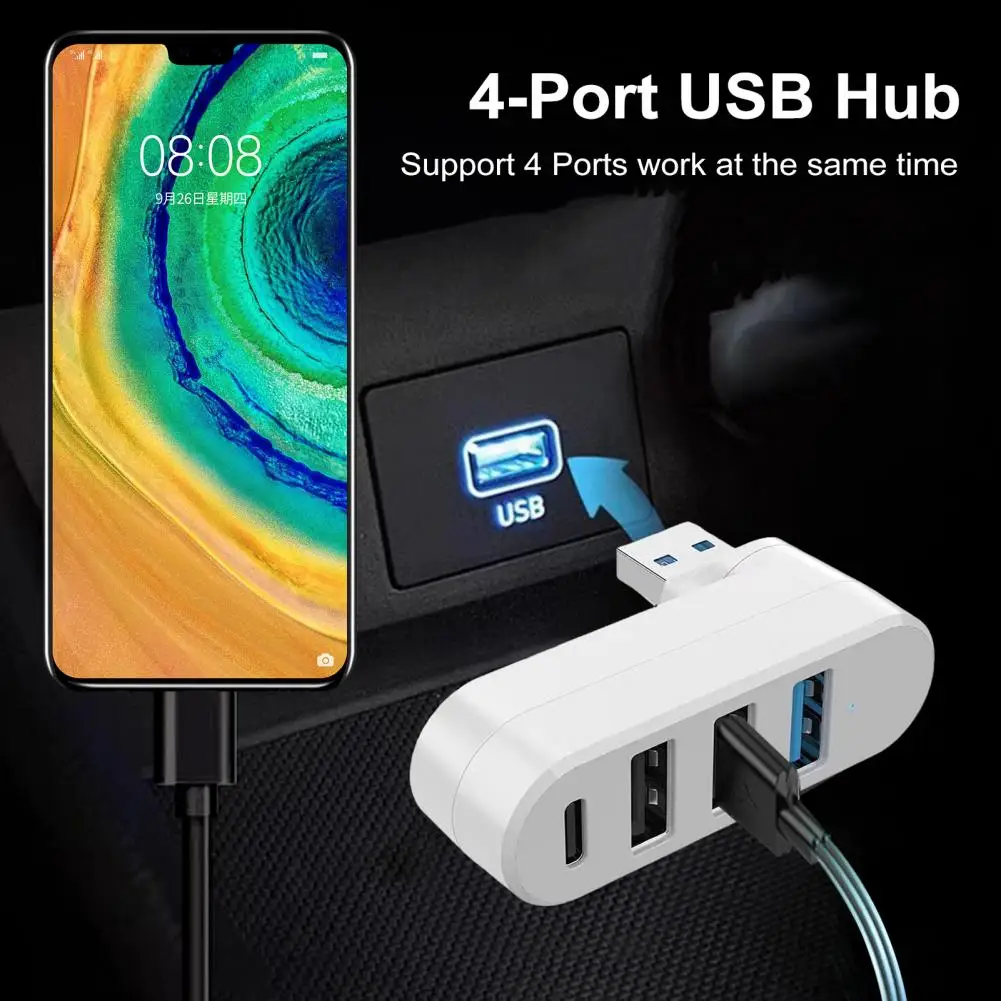 4-Port USB 3.0 Hub 5Gbps Transfer Speed Universal Plug-and-Play 180-Degree Degree Rotatable USB Extender Hub Adapter