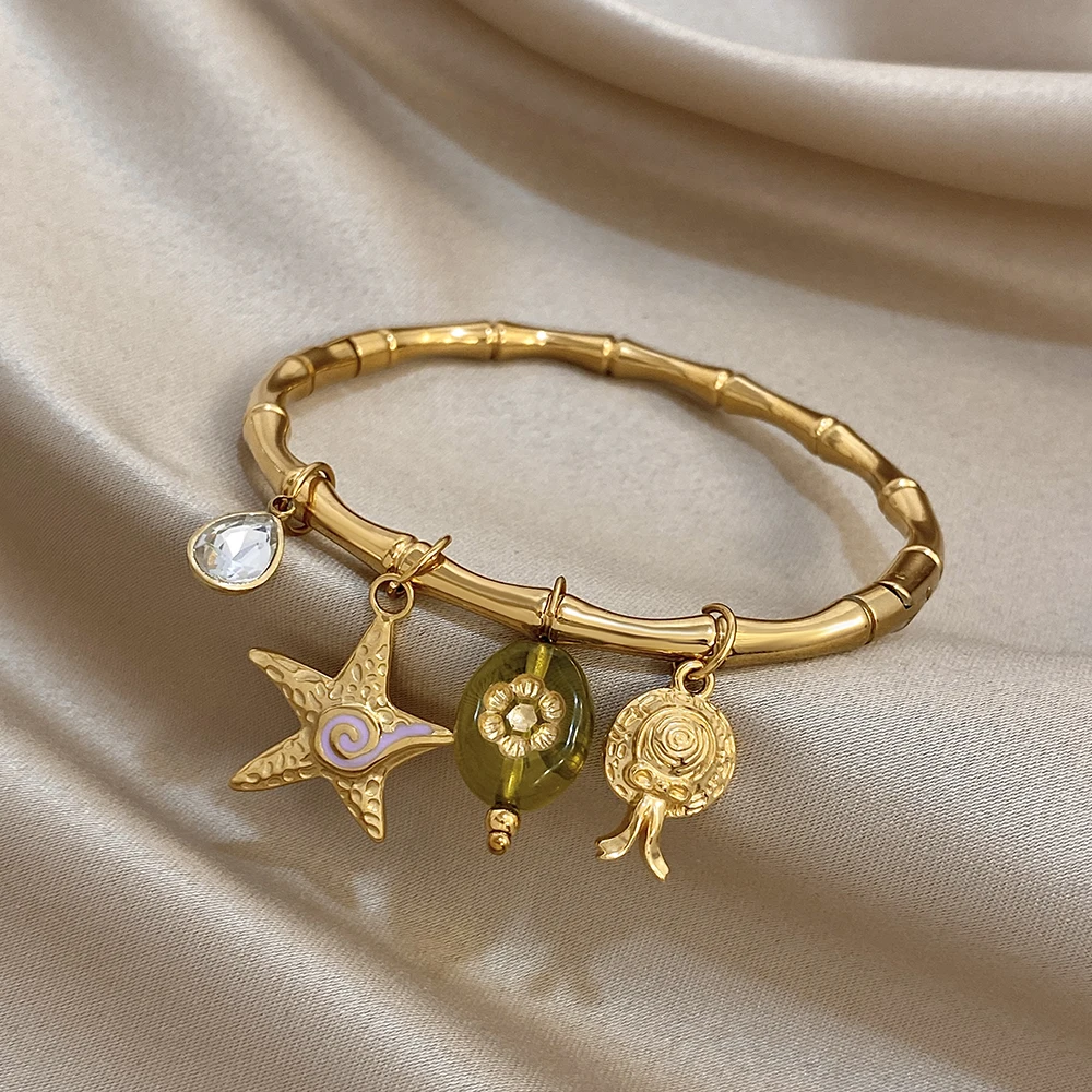 Y2k الشرير أساور استانليس ستيل جديد نجم البحر زهرة الاكريليك قلادة الخيزران الكفة الإسورة اليومية مقاوم للماء حُليات المجوهرات