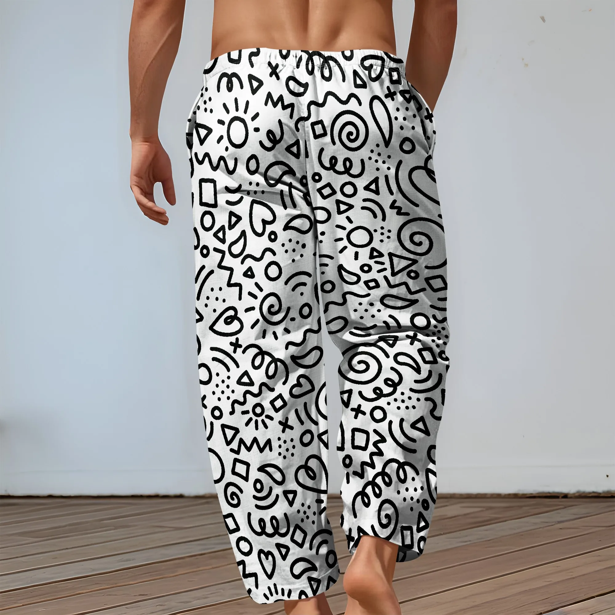 YEAE Zwarte broek met schetspatroonprint voor heren Zomer casual losse broek met trekkoord