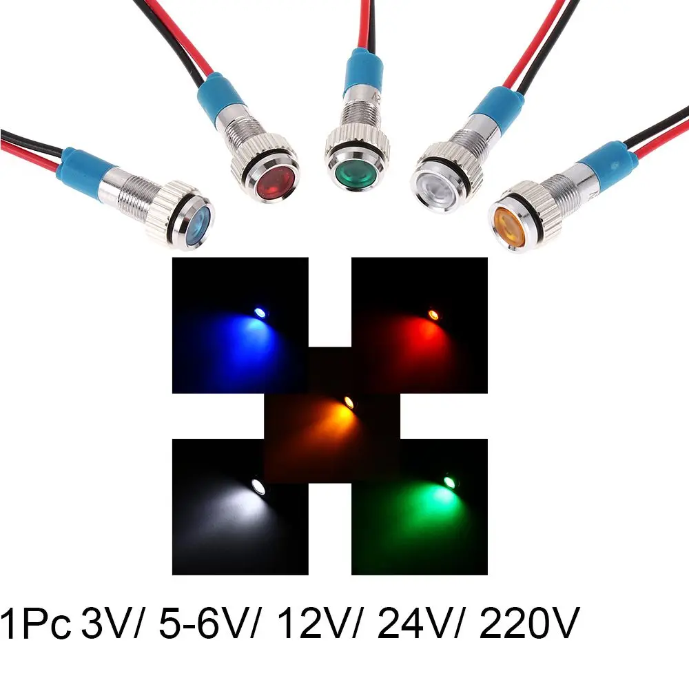 1Pc Car Truck Boat Red Yellow Blue Green White With Wire 6mm 3V 5V 6V 9V 12V 24V 220V LED Metal Indicator Light Signal Lamp