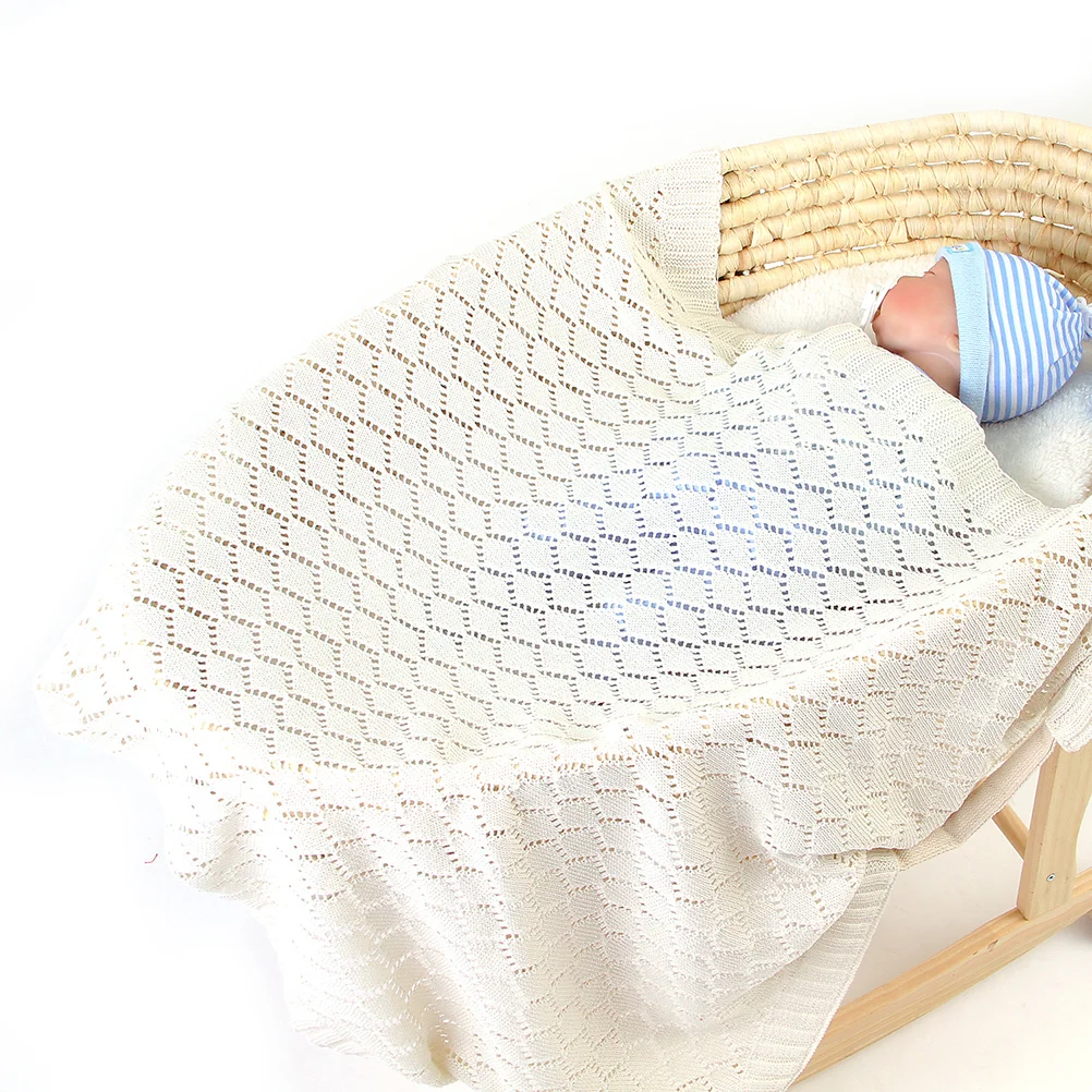 

Warm Baby Blanket Knitted Hollow Design Soft Secure Sleep Wrap for Infants Toddlers Winter Autumn Use White Baby Blanket