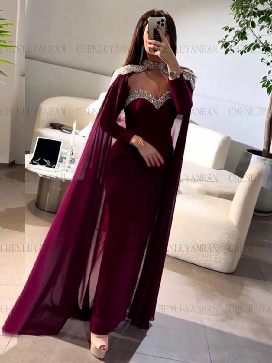 

Burgundy Mermaid Formal Occasion Dresses 2023 Beading Pearls Long Party Dress With Shawl Luxury Sexy Evening Gowns فساتين السهرة