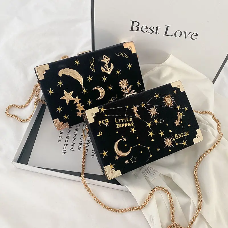 

New Style Velvet Box Bag, Embroidered Star Chain Mini Shoulder & Crossbody Bag