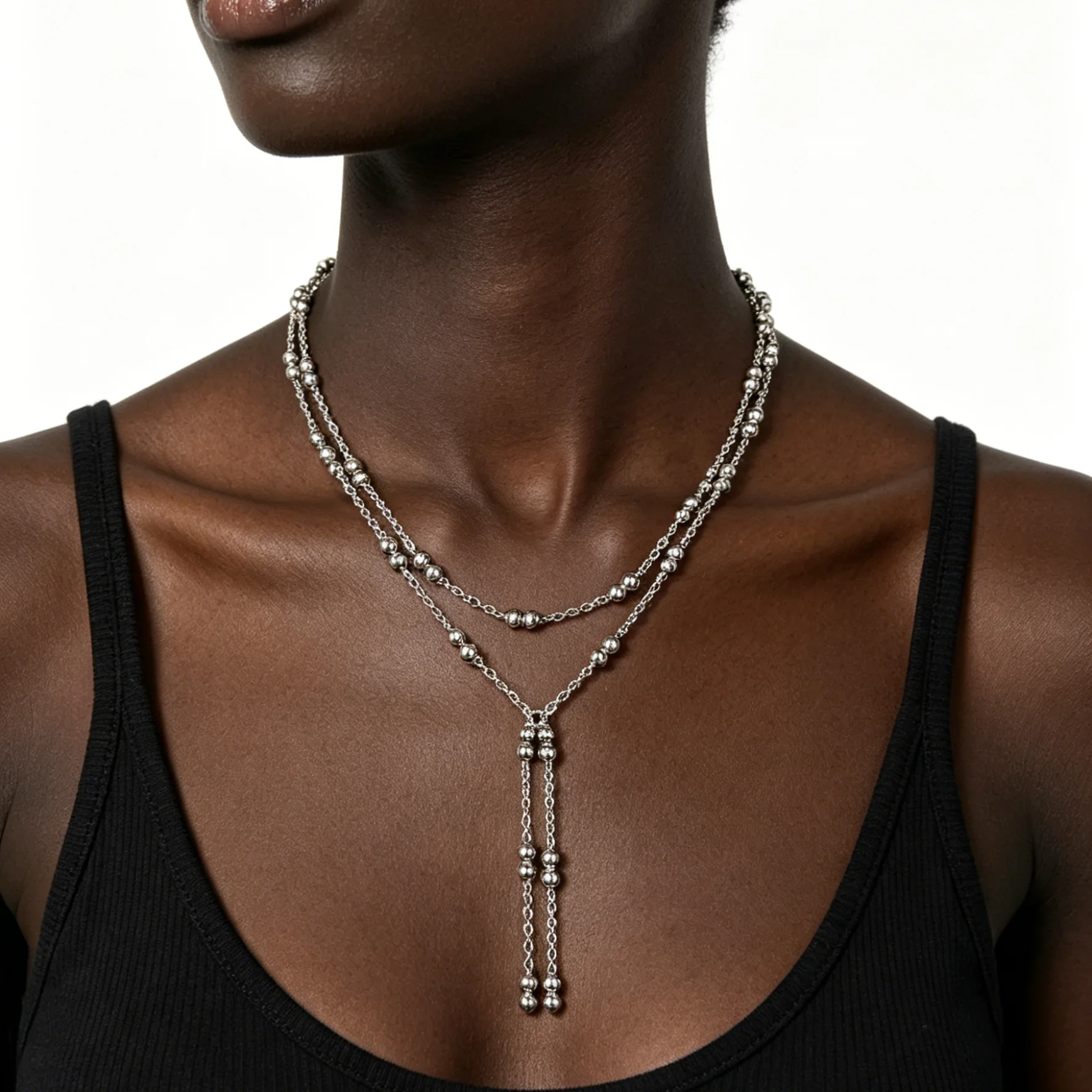 Silver Minimalist Double-Strand Long Necklace with Small Beads Unique Punk-Style Fashion Jewelry for Men an Women NEW