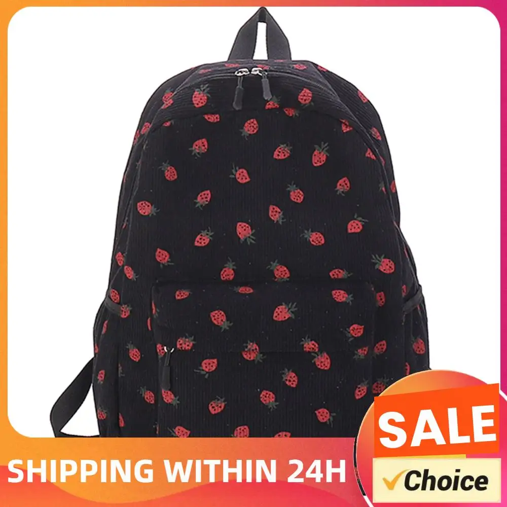 

Вельветовый рюкзак с клубничным принтом для студентов, школьная сумка с множеством карманов, модный подростковый рюкзак с регулируемыми лямками для путешествий на природе