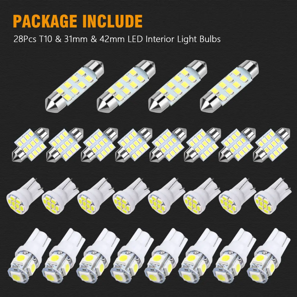 28pcs Led Interior Light Bulbs Kit T10 31mm 42mm 6000k Dome License Plate Lamp Bulb Car Trunk Replacement Parts