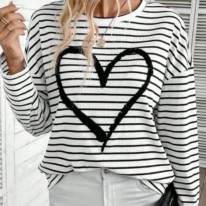 Women Tops Print Striped Tees Simple Base Shirt Top Casual Loose Y2k Streetwear Round Neck Full Sleeve Splice Autumn T-Shirts