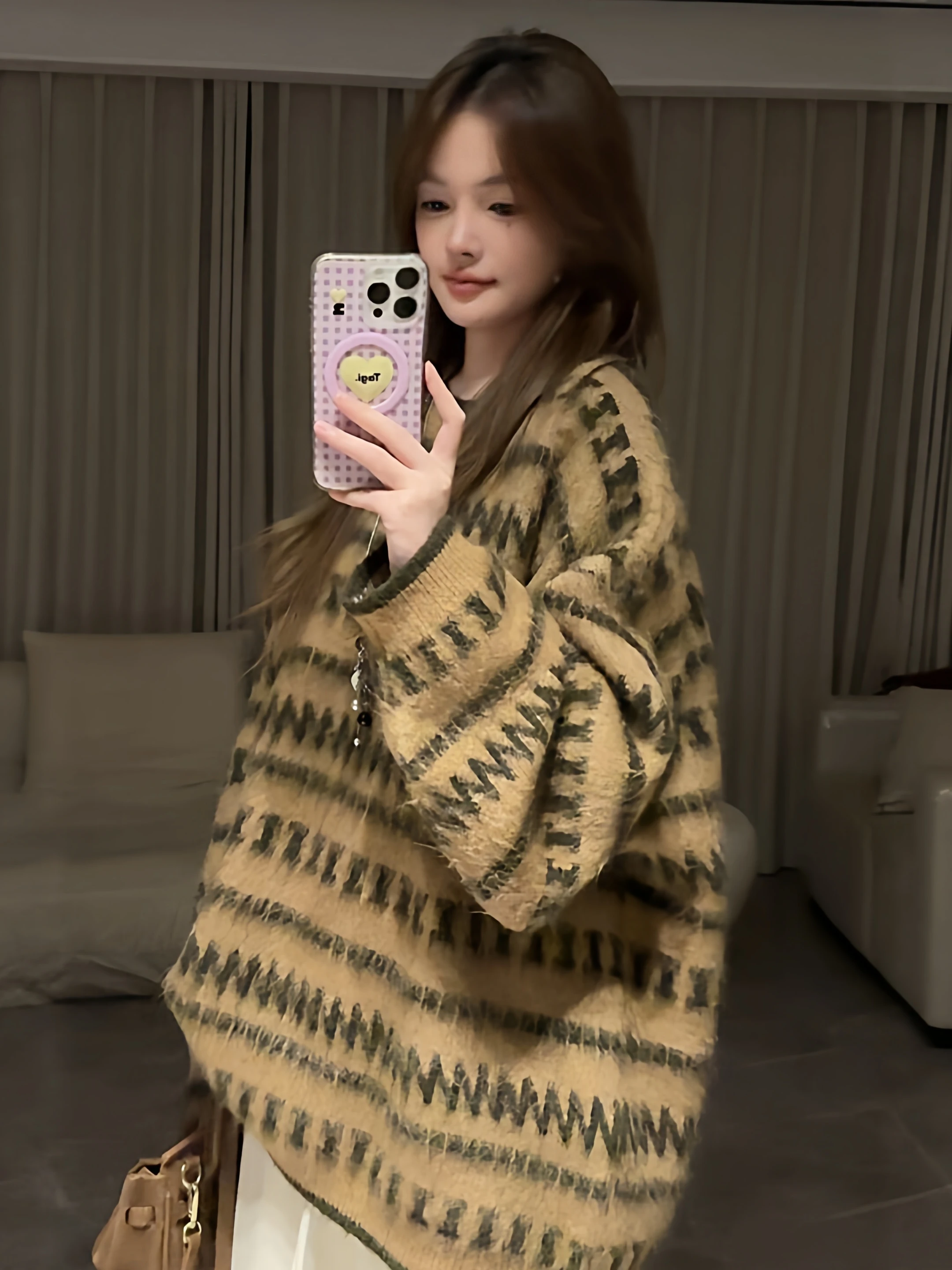 

Свободный крой, полосатый свитер Camere, женский осенне-зимний корейский свитер, элитный вязаный топ средней длины