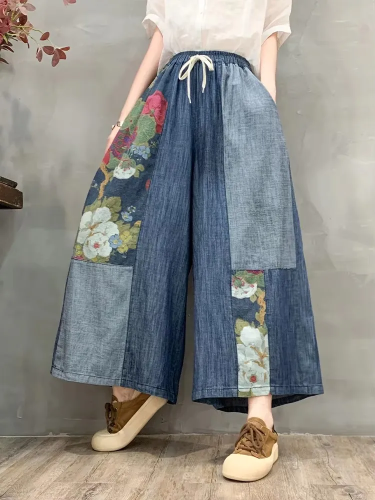 Amax luluE 2024 Letnia Moda Damska Denimowe Spodnie z Nadrukiem Plus Size Szerokie Nogawki Damskie Luźne Kwiatowe Jeansy Klasyczne Spodnie