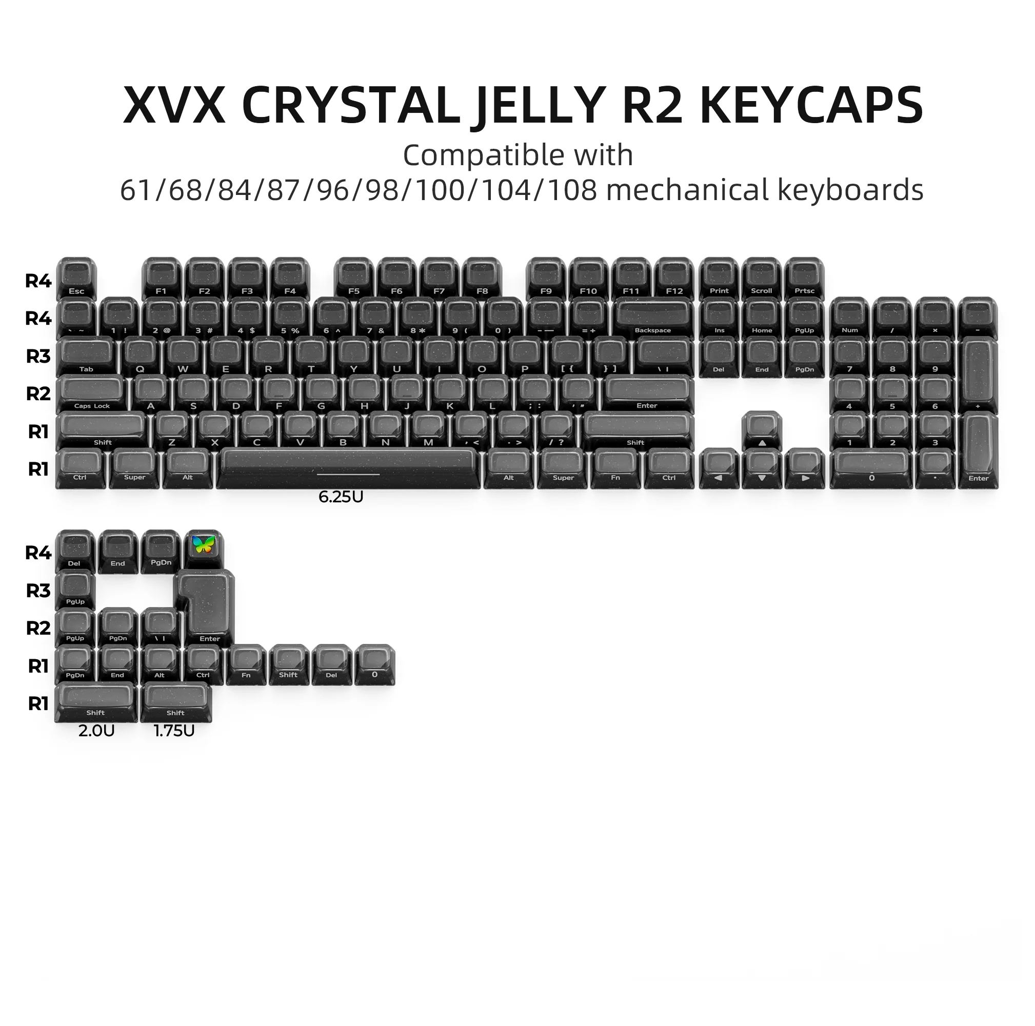 XVX Schwarze Kristall-Tastenkappen mit Glitzerpulver Glänzende Tastenkappen MDA/OEM Profil 122/136 Tasten Double-Shot Glänzendes Tastenkappen-Set – Detail 11