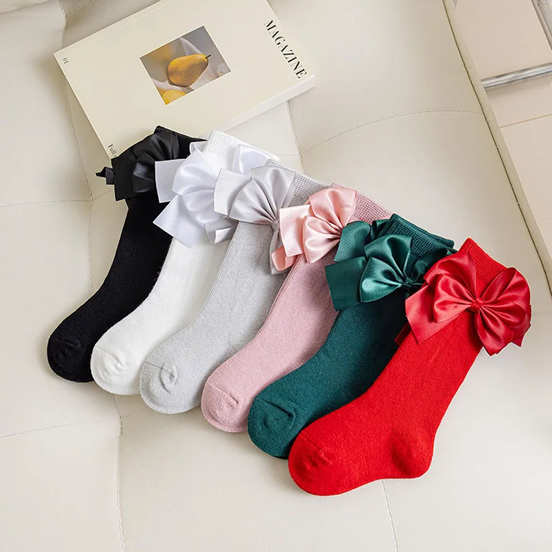 

VISgogo Baby Girl Knee High Socks Soft Long Socks Spring Fall Winter Stockings with Satin Bow for Infants Toddlers