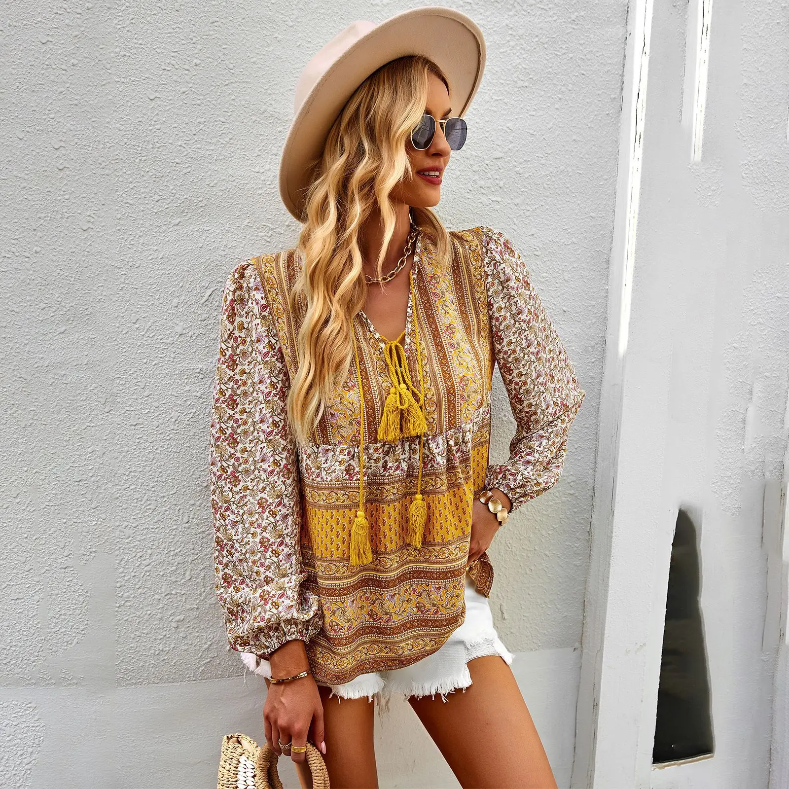 Boho lnspired Pink Floral Blouse Women V-neck Tassel Long Sleeve Bohemian Women Tops New Summer Fashion  Blouse Shirt For Women