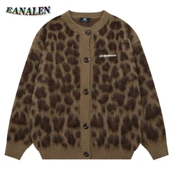 Harajuku Vintage Leopard Graphic Sweater Cardigan Women's Winter Casual Oversized Designer Jumper Grandpa Ugly Sweater Coat Y2K