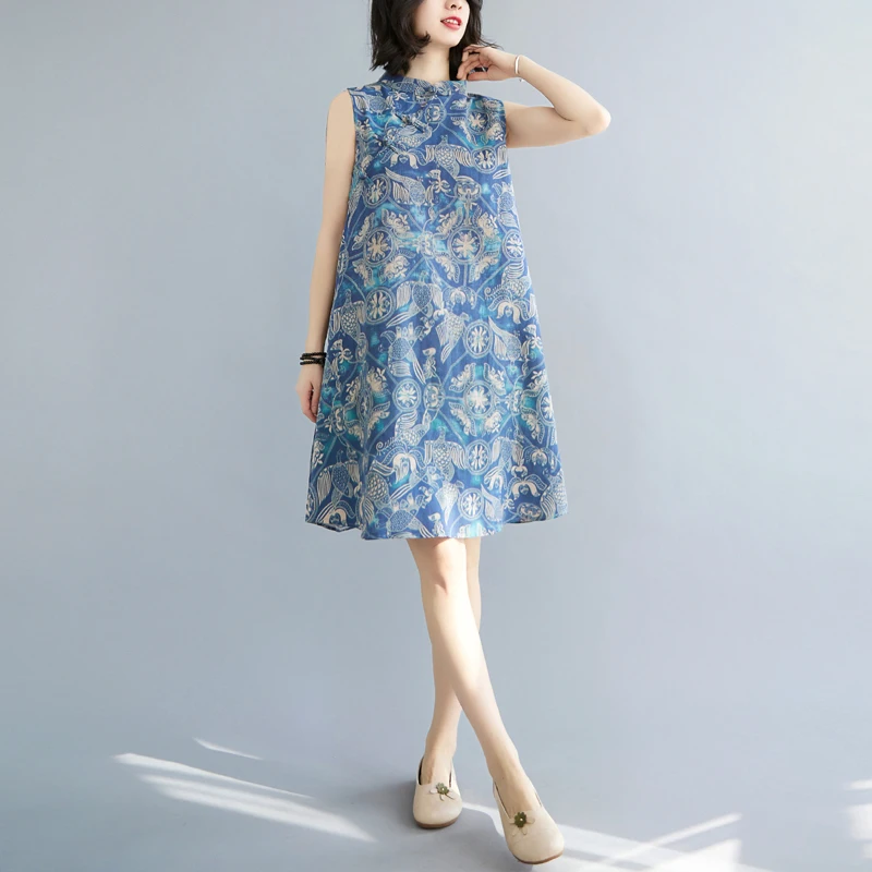 Décontracté mi-long Svel femmes Dr rétro Sle col montant t-shirt bouton motif abstrait trajet été Faion