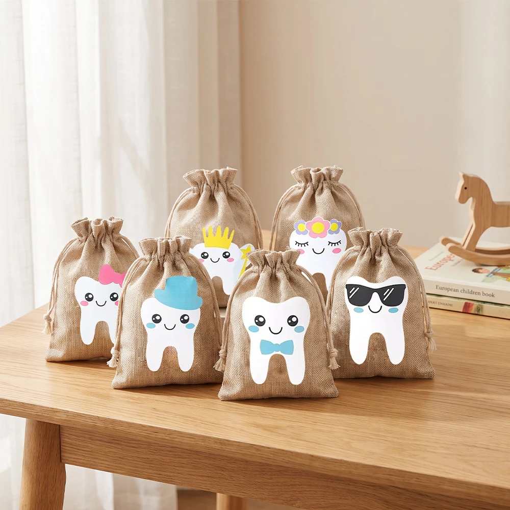 6pc Tooth Cartoon Pattern Bags Teeth Container Bag Keepsake Primary Tooth Pattern linen Bundle for Dental Goods Gift Bags