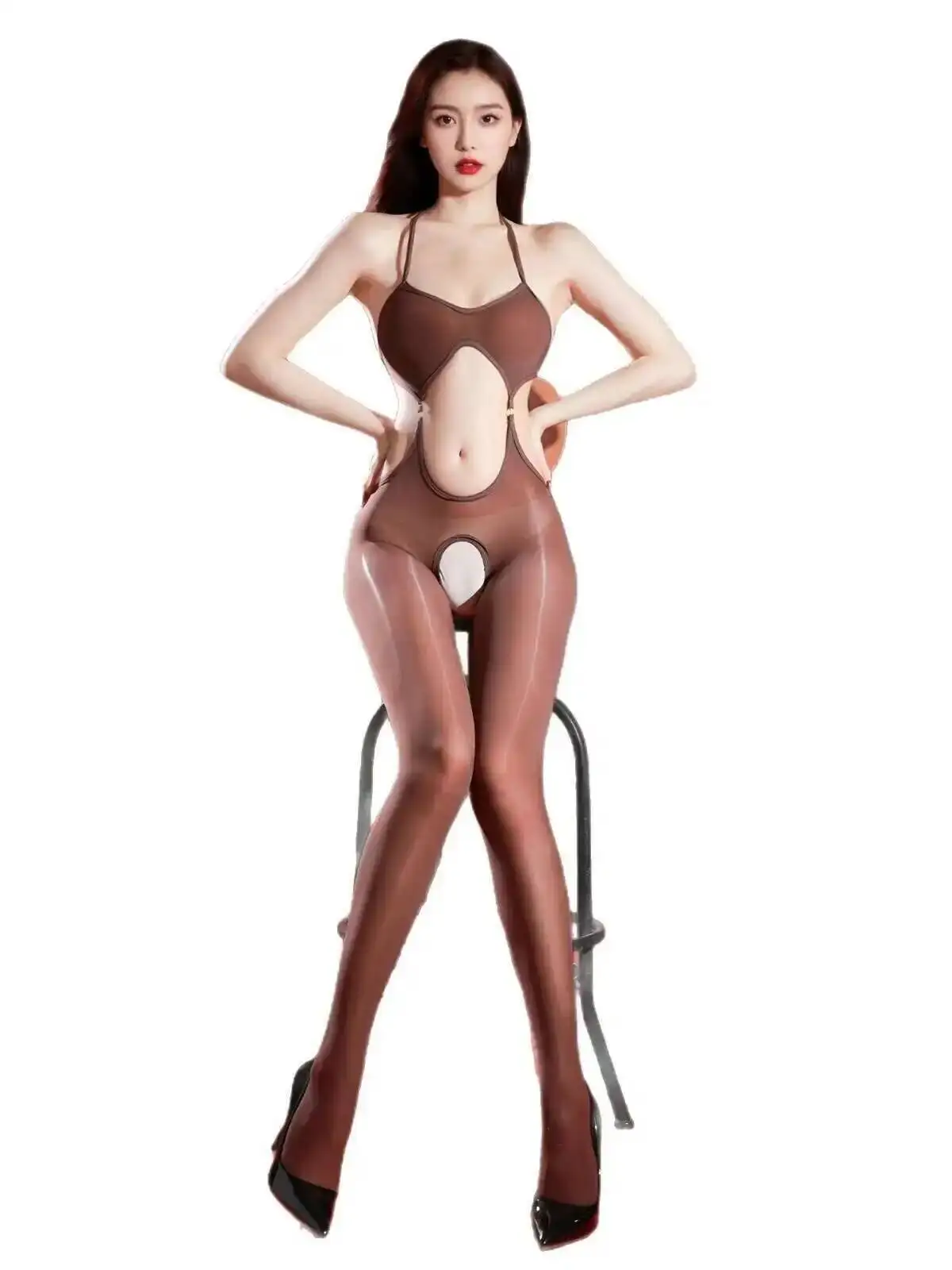 Sexy Backless Halter Neck Ultra-thin Glossy Shiny Silky Hollow Out Bodysuit Stockings For Women Rompers Clothing Body Suits 2ATZ