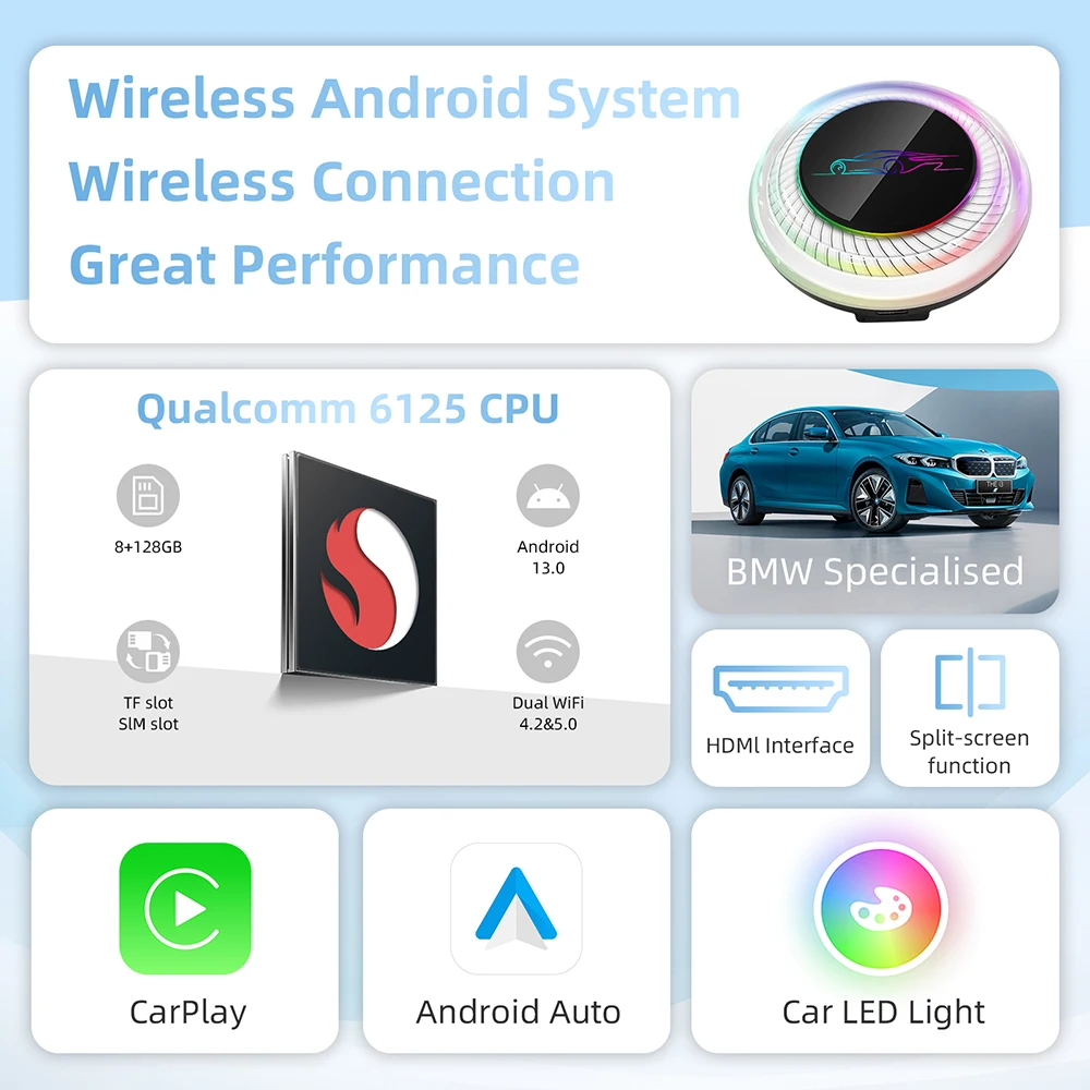 8GB+128GB Android 13 CarPlay Ai Box Ambient Light LED Dual WiFi HDMI 4G SIM Card 8-Cores Smart Car Multimedia Box USB Adapter