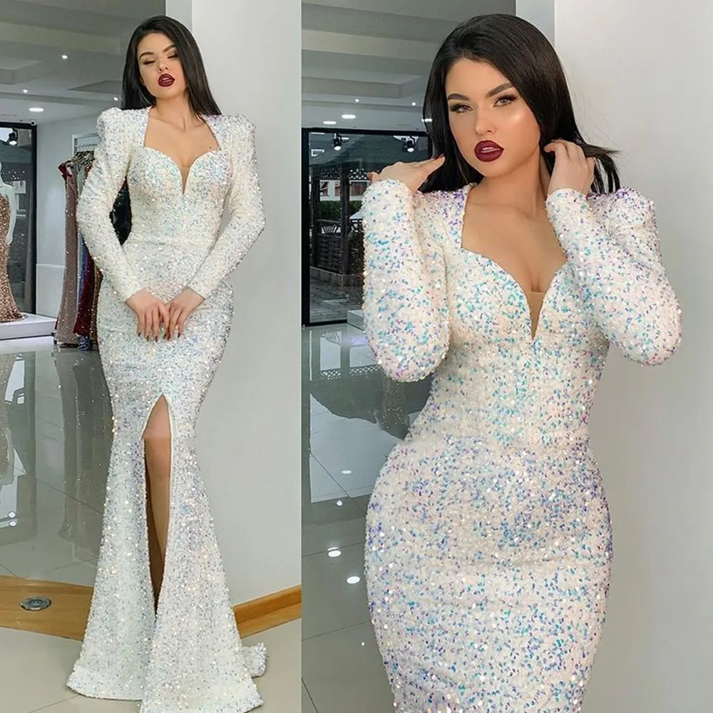 

Charming White Sequins 2023 Evening Dresses Mermaid Long Sleeves V Neck Full Women Formal Night Party Gowns Vestidos De Fiesta