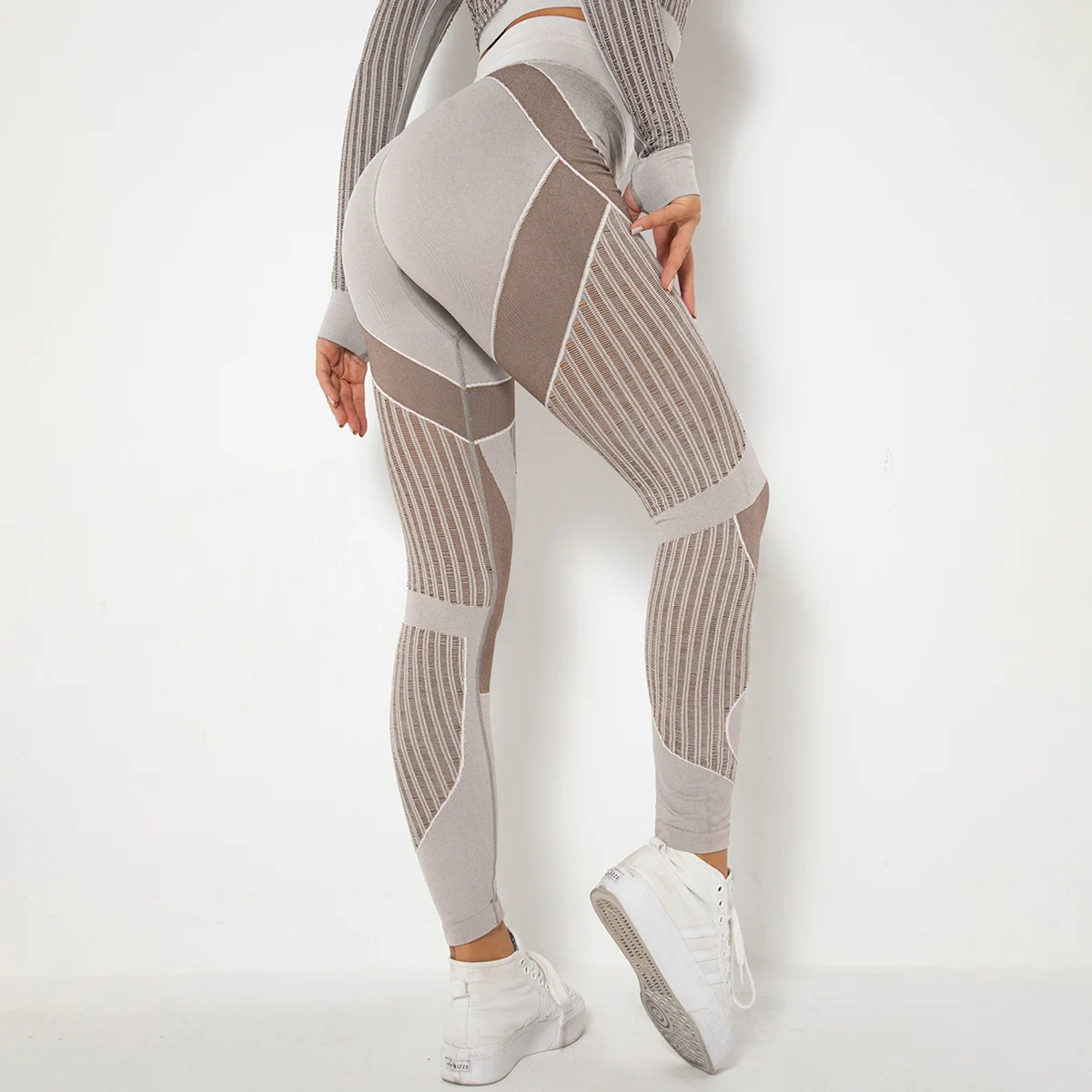 Women's Seamless Color Block Yoga Leggings High Waisted Ribbed Contour Gym Tights Push Up Workout Pants