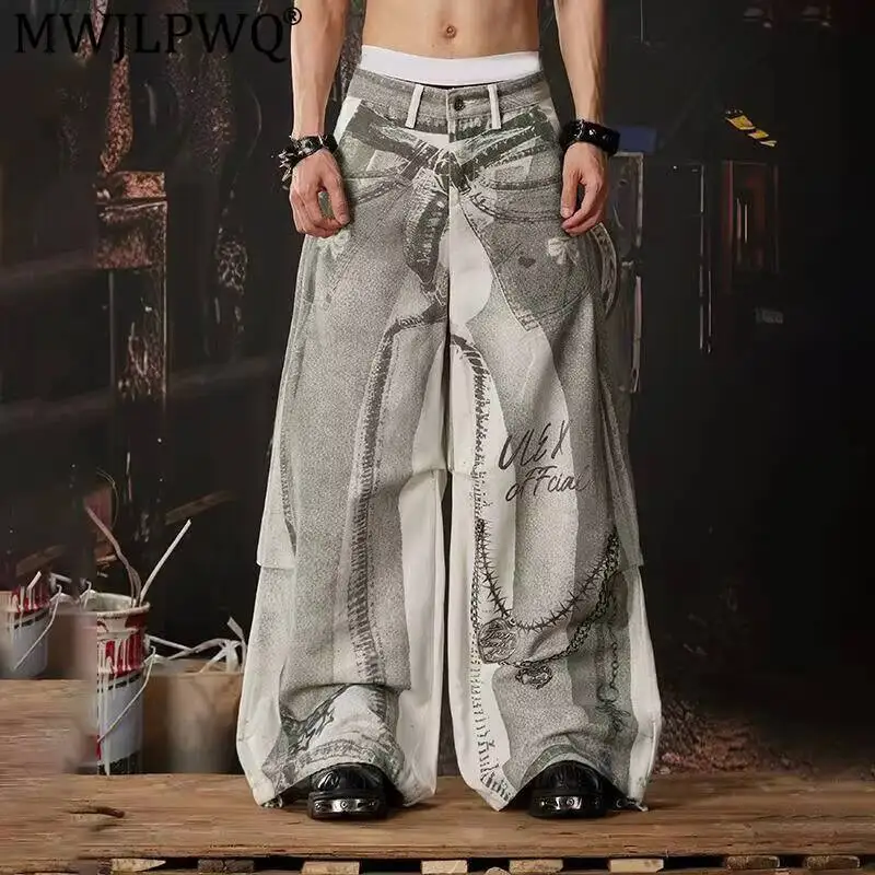 MWJLPWQ Streetwear Tide New Men's Printed Graffiti Ruched Jeans Y2k Loose Fit Wide-Leg Pants Niched Trousers 2026 Autumn 14892