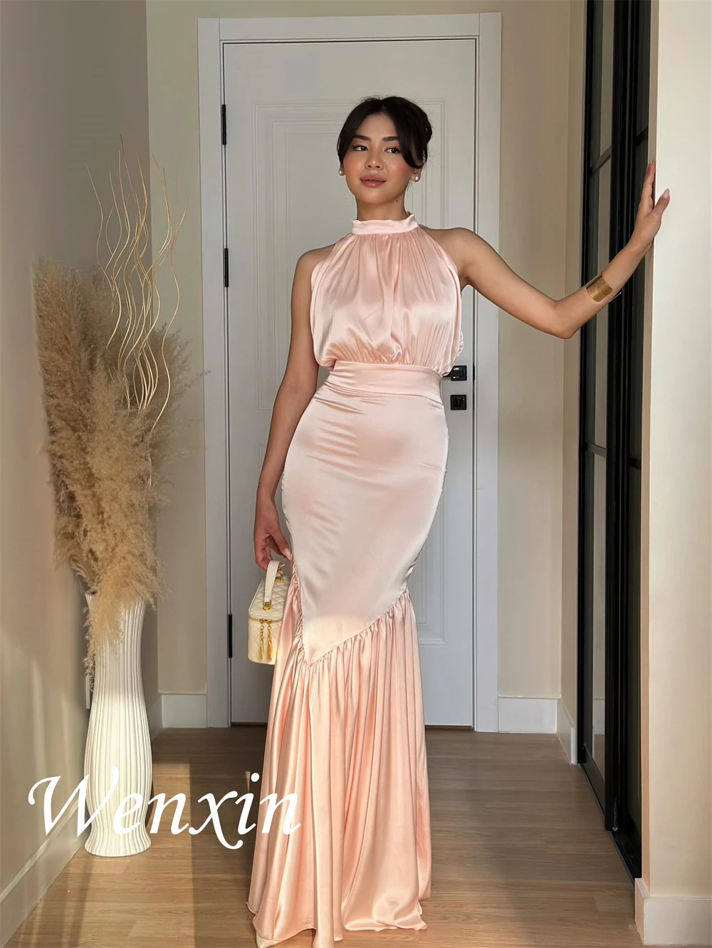 Robe De soirée sirène en Satin rose romantique, personnalisée, Sexy, col licou, sans manches, robes De soirée exquises