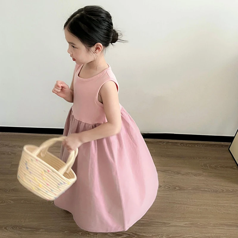 Summer Baby Girls Dress Solid Color Sleveeless Fluffy Dress Children Princess Dresses Short Sleeve Kids Girls Clothes 3-8 Years