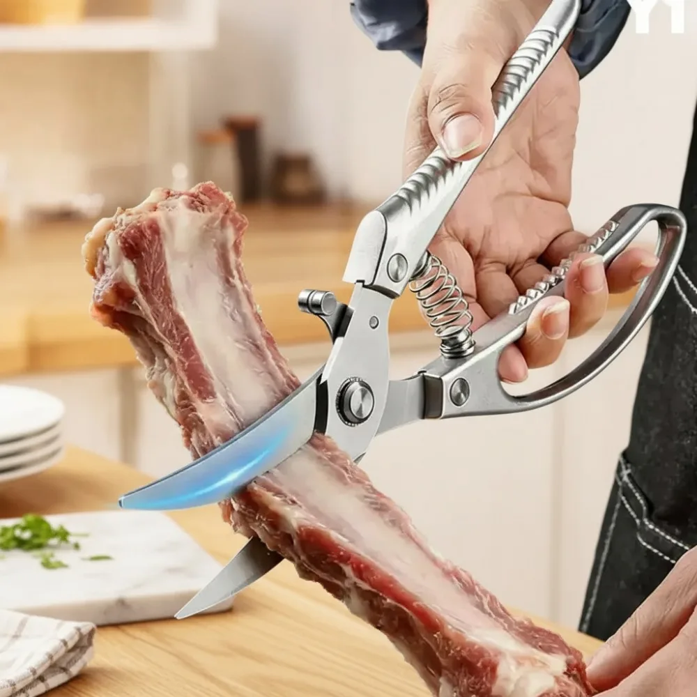1pc Heavy-Duty Kitchen Shears with Spring-Loaded Ejector & Non-Slip Ergonomic Handle for Chicken Bones, Fish Spines, Hard Shells
