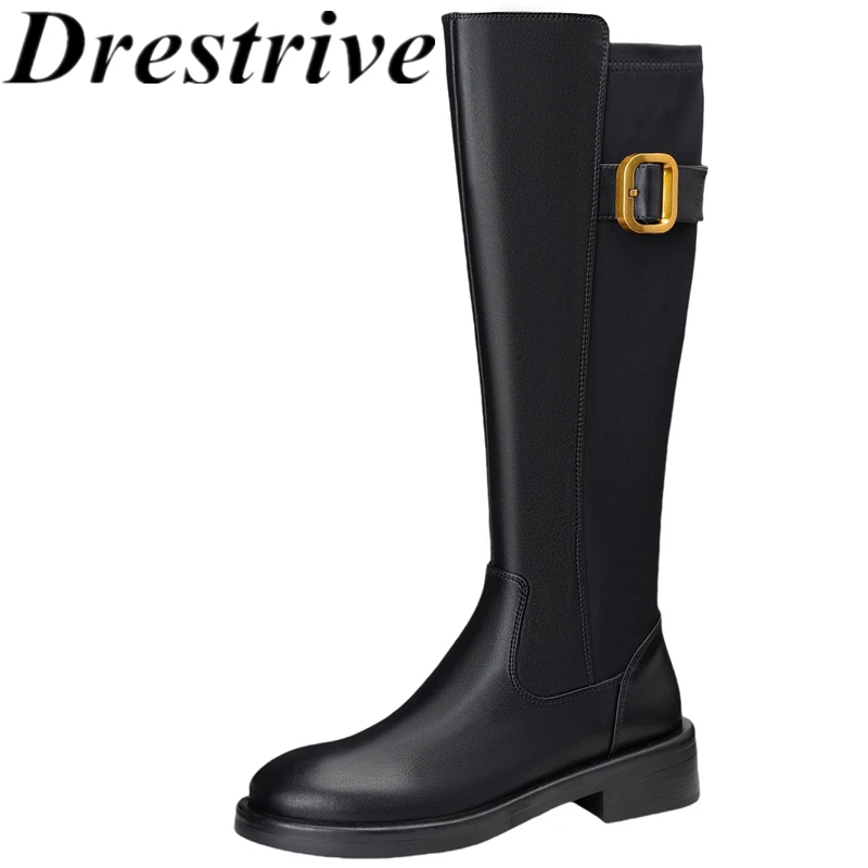 Drestrive 2025 Women's Knee High Boots Round Toe Zipper Laminated Split Leather Thick Mid Heels Buckle Handmade Winter Shoes