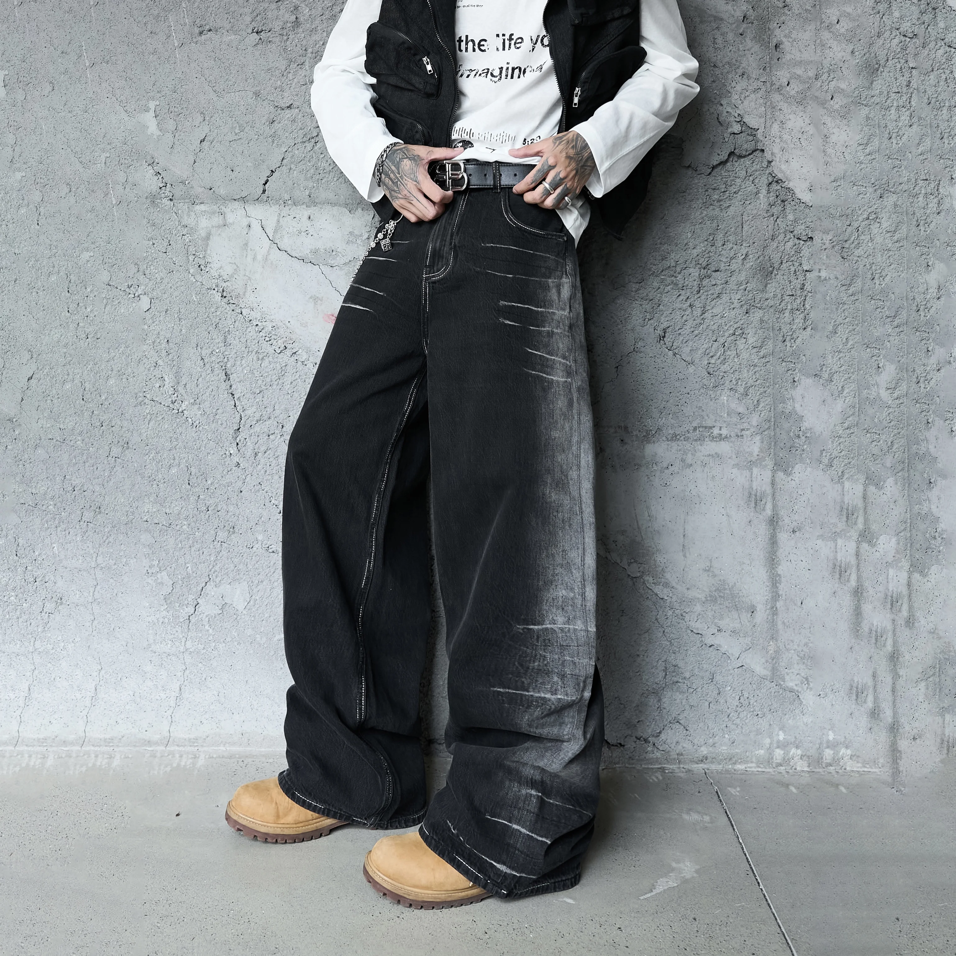 

AL80037 BLCG Джинсы с высокой талией, суперкачественные, свободного кроя, из плотного денима, унисекс, модные, стильные, с ручной росписью