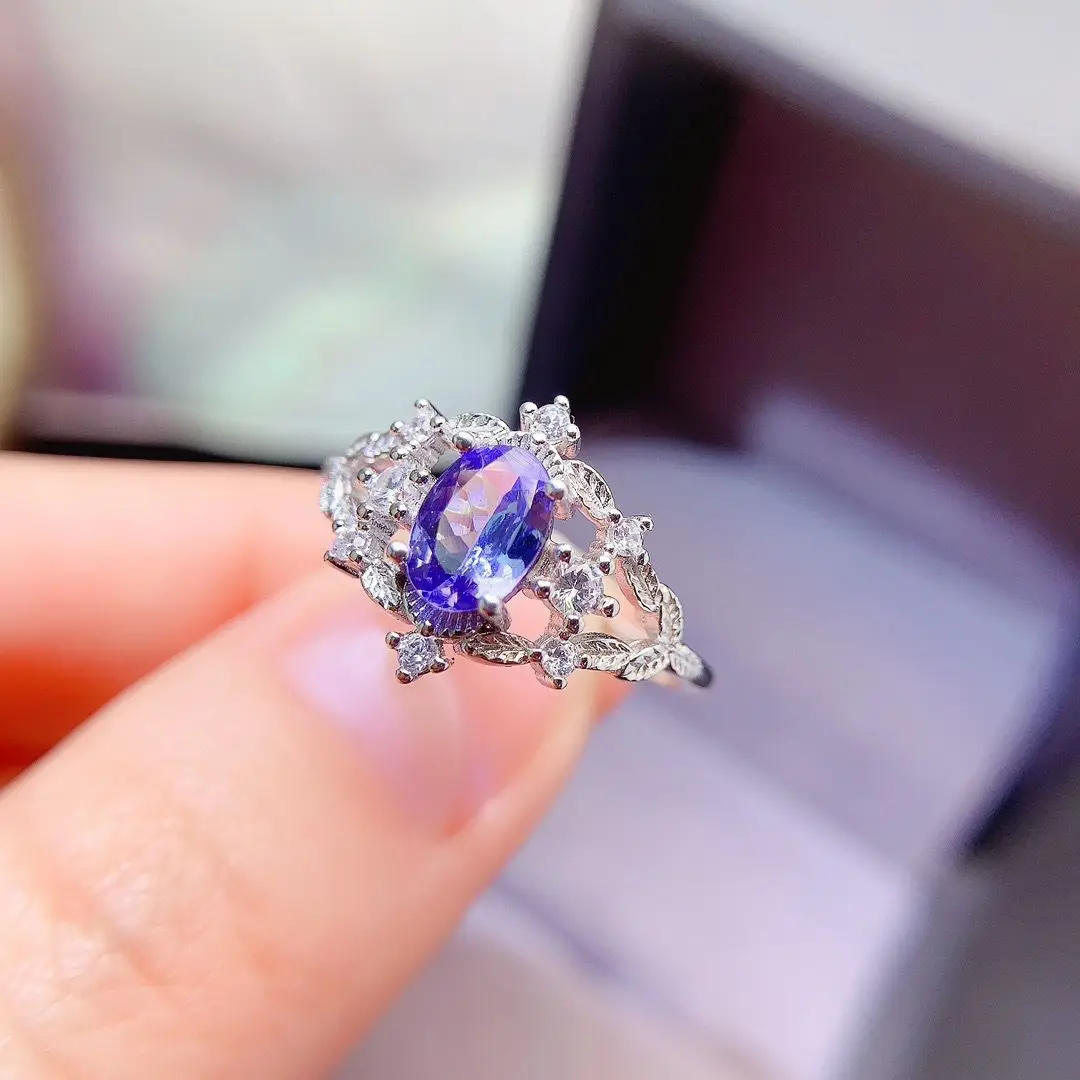 ZECAA Tanzanite Fine Jewelry Woman Tanzanite Ring With Natural Tanzanite Gemstone 5*7mm Silver Lady Tanzanite Ring Jewelry