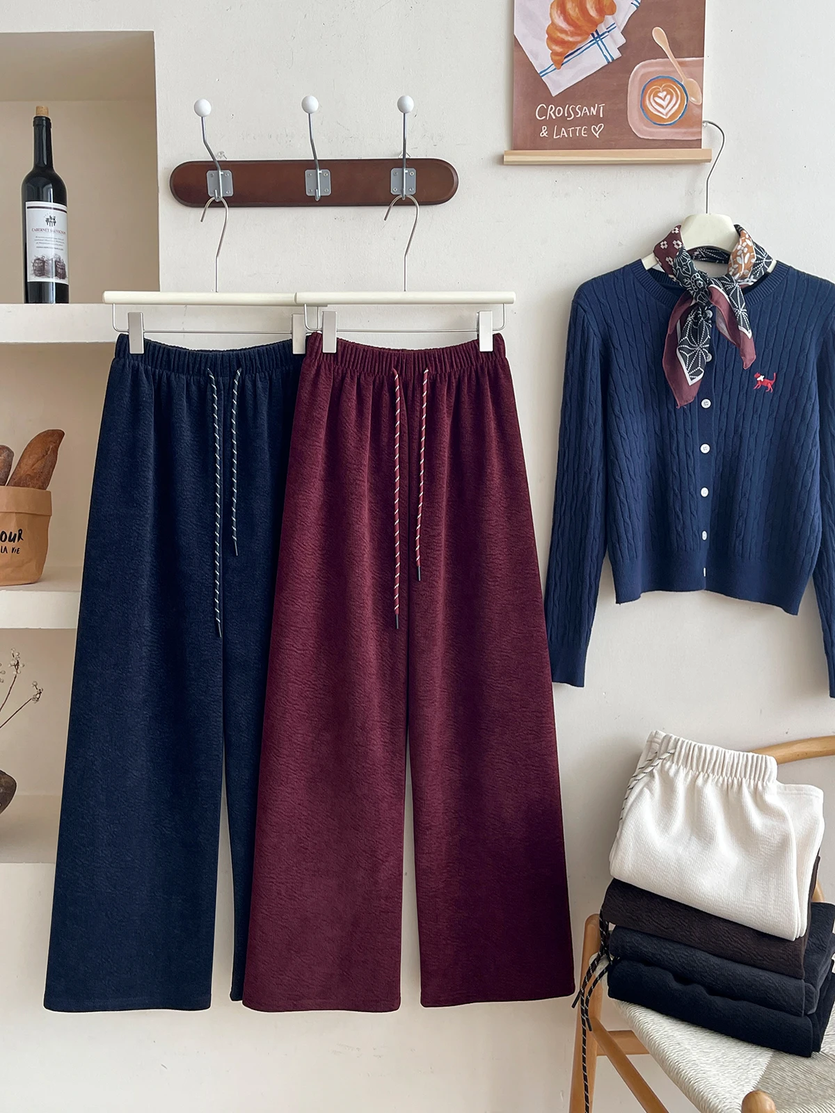 

Women's Autumn Winter Comfortable Elastic Waist Wide Pants Lady Casual Streetwear High Waist Loose Straight Full Length Pants
