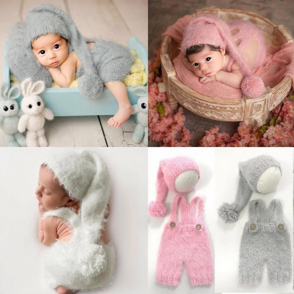 Newborn Photography Props Outfit Cute Knit Hat with Suspender Pants Baby Girl Boy Photo Shoot Clothes Baby Shower Gift