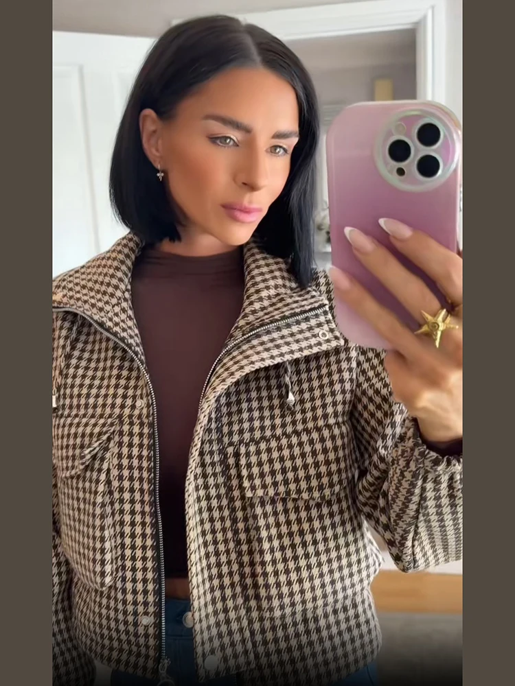 Retro-Karo-Stehkragen-Kurzjacke für Damen, lässig, langärmelig, mit durchgehendem Reißverschluss, Kordelzug, Taschen, lockerer Mantel, für den Alltag im Herbst, Streetwear-Oberbekleidung. – Detail 11