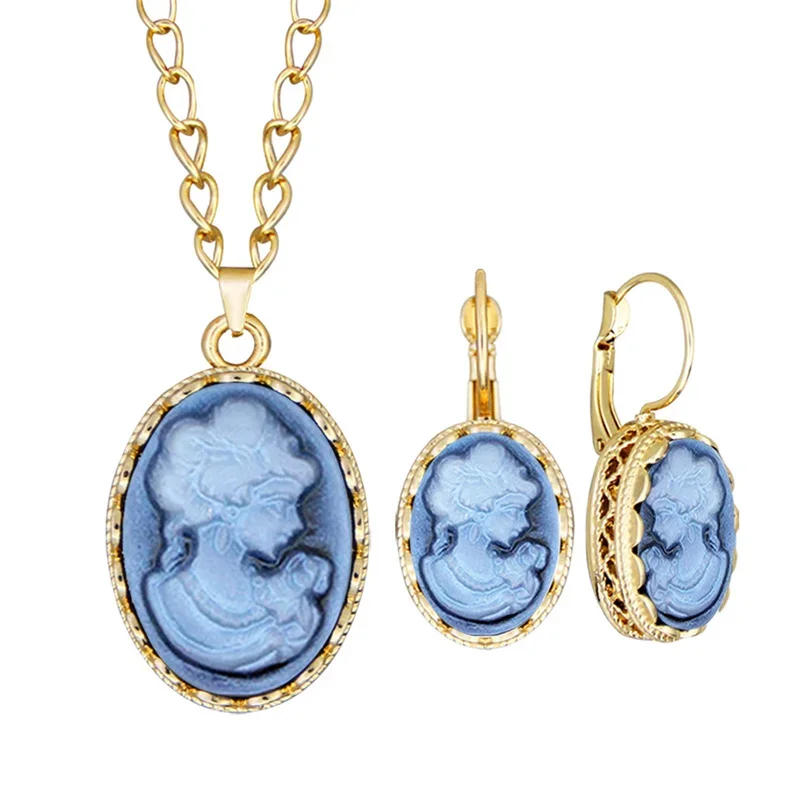 Vintage Lady Queen Pink Cameo Jewelry Set For Women Gold Color Pink Blue Gray Fashion Flower Cameo Necklace Earring Set