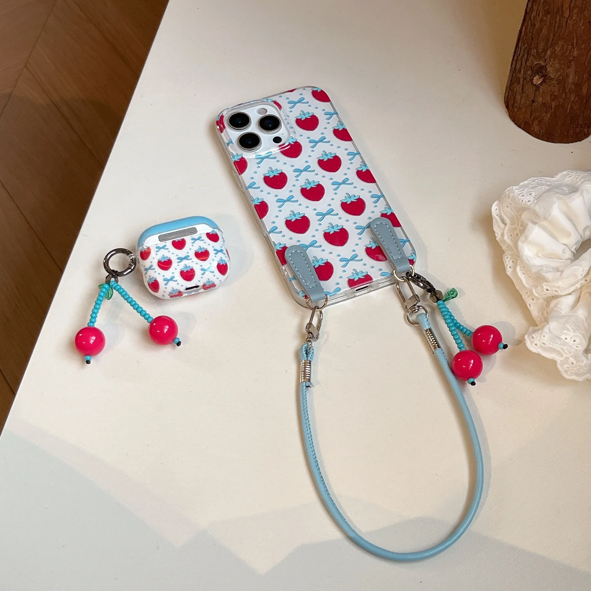 Luxury Niche Style Blue Bow Strawberry Earphone Case Protective Cover Airpods Pro 2 All-inclusive Soft Case Air Pod Case