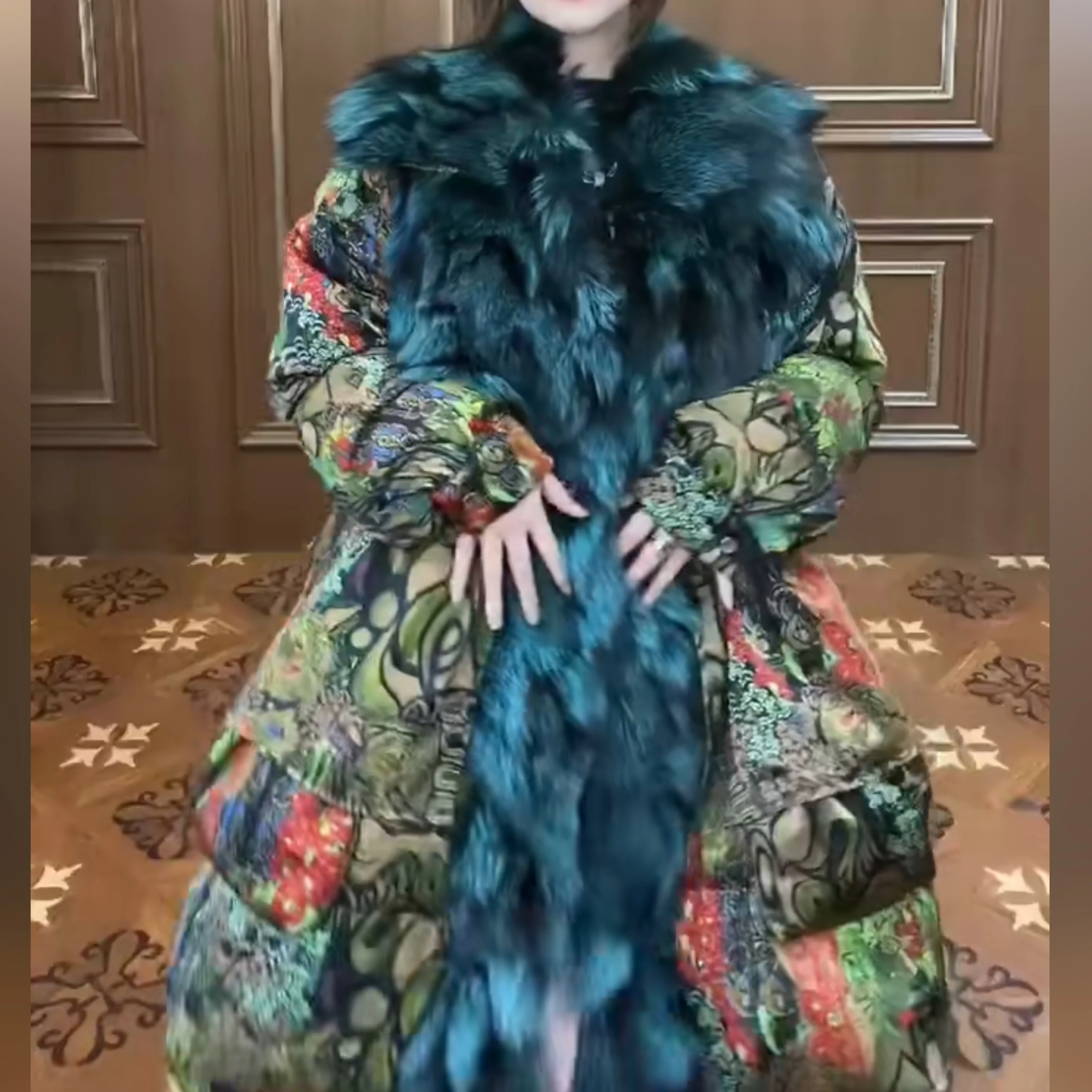 Fashionable Large Mink Fur Collar Long Sleeve Faux Fur Coat Women 2023 Winter New Faux Fur Stitching Warm Long Down Jacket