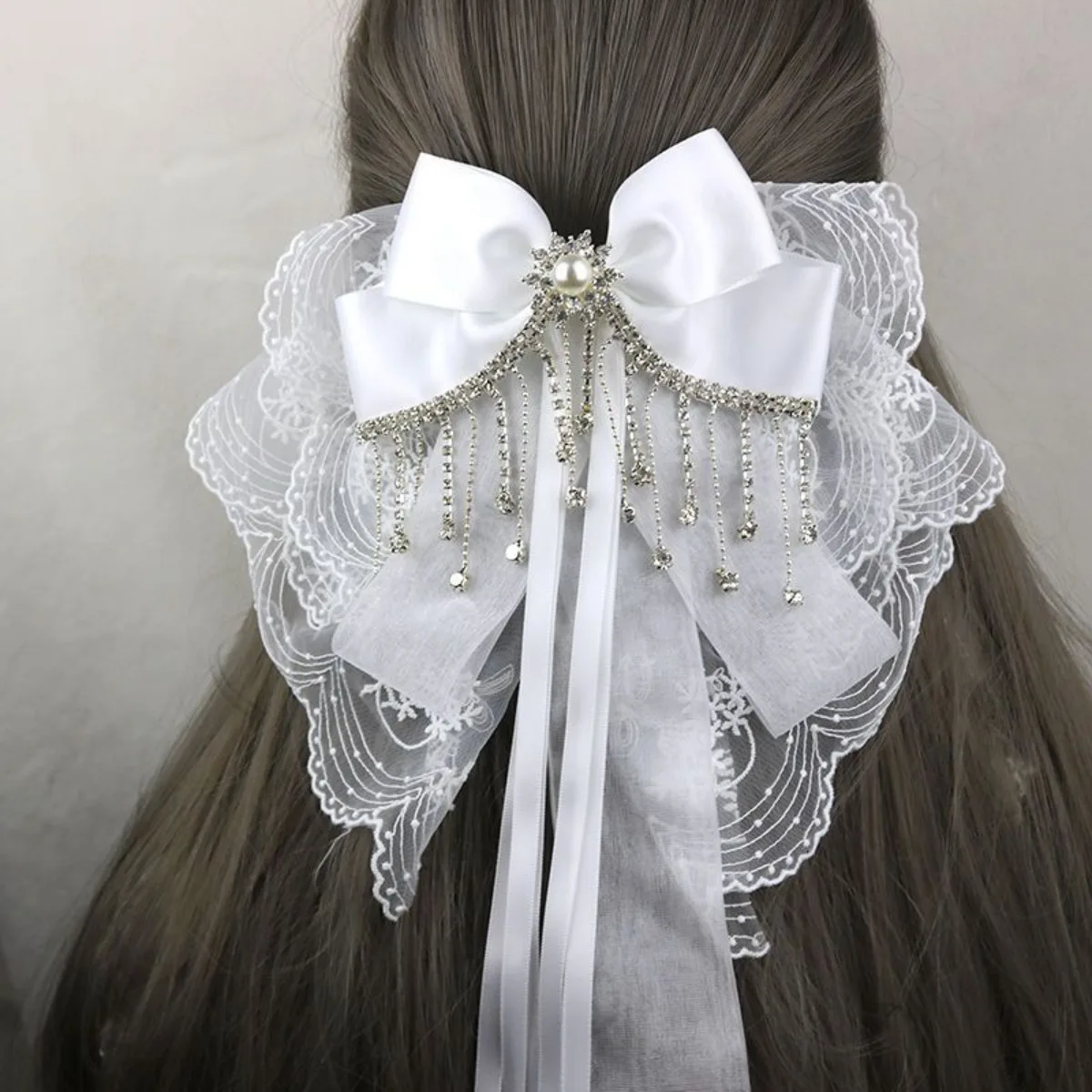 

Korean Fashion Princess Style Handmade Rhinestone Chain Embroidery Lace Oversized Bow Back Head Spring Clip Hair Accessories