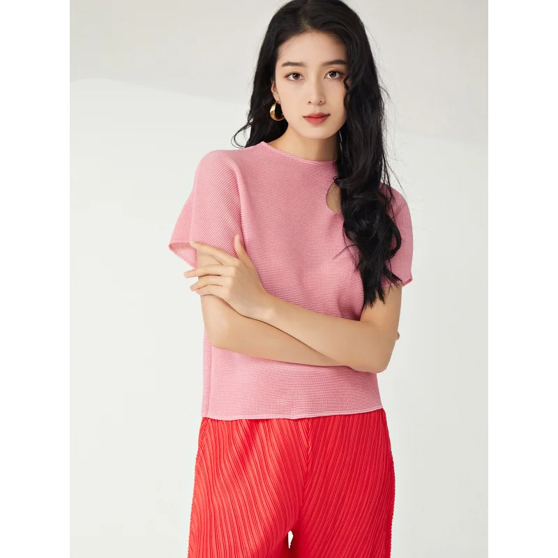 มิยาเกะพรีเมี่ยมสไตล์ฤดูร้อนสีทึบหลวมและเรียบง่ายอเนกประสงค์กระดูกไหปลาร้าบุคลิกภาพเสื้อยืดด้านบน [24716zsj-1048C]