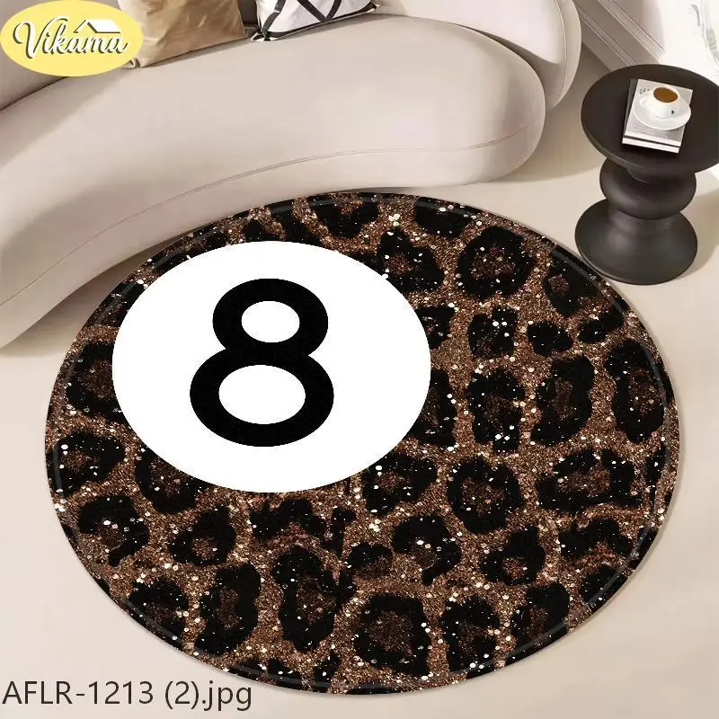 VIKAMA Leopard Print 8 Ball Round Rug Non Slip Washable Circle Mat For Living Room Bedroom Gaming Room Man Cave Decor
