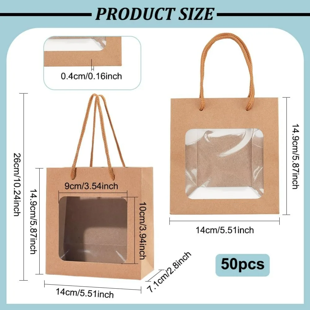 50pcs Gift Bags with Transparent Window, Kraft Paper Shopping Bags with Handle for Birthday Wedding Party Florist Christmas