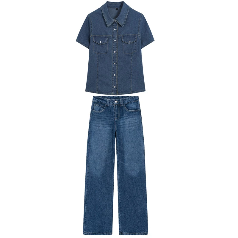 Withered Minimalist Fashiona Slim Fit Denim Shirt And Jeans Denim Pants Set Southern France Women's Matching Sets Woman Clothes
