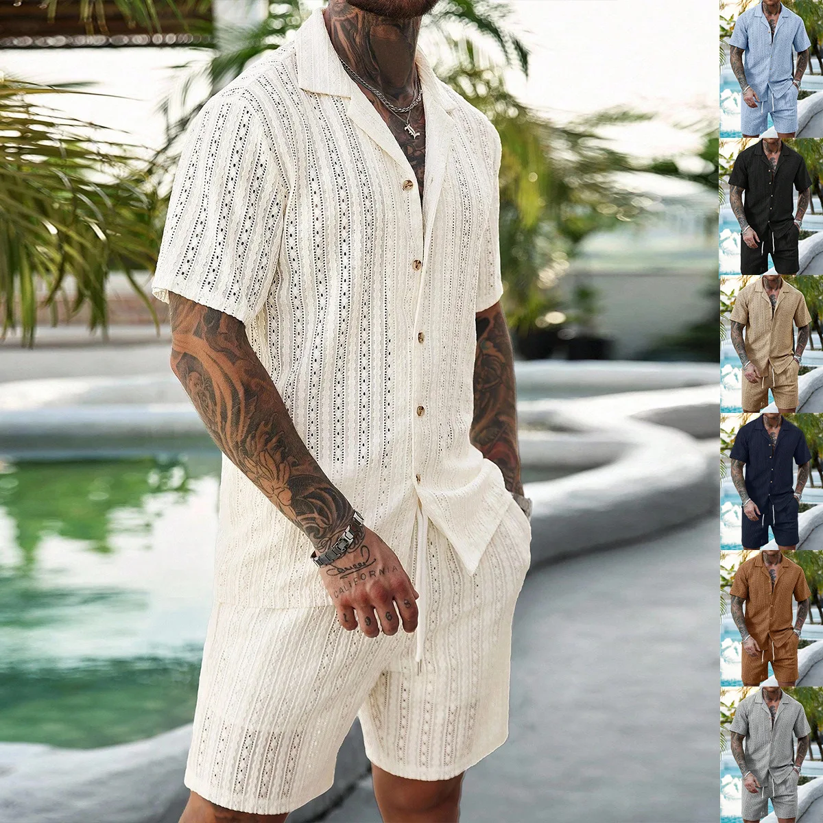 

Spring Summer Casual Mens Knit Outfits Short Sleeve Hollow Out Shirt and Bottoms Two Piece Suits Men Fashion Solid Color Sets